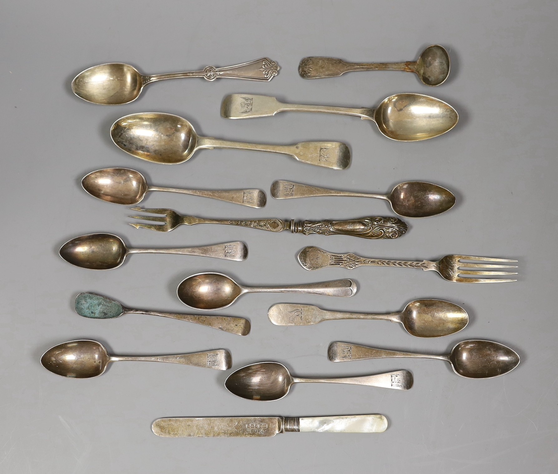 A set of six Victorian provincial silver Old English pattern teaspoons by Josiah Williams & Co, Exeter, 1877 and a small quantity of mainly 19th century silver flatware and a plated teaspoon and pickle fork, weighable si